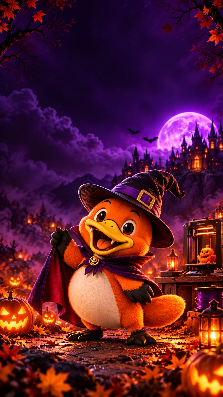 Patocrinco, mascote laranja da Casa 3D, vestido de bruxo e vampirinho em uma noite de Halloween