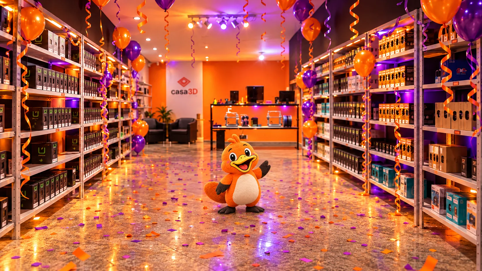 Berigudigo pequeno ao centro de uma foto da Casa 3D decorada com balões e confetes para a confraternização