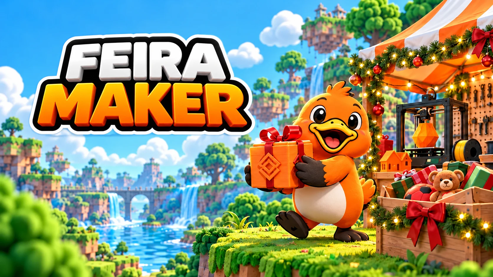 Logo permanente Feira Maker com Berigudigo levando um presente na identidade de ilhas flutuantes