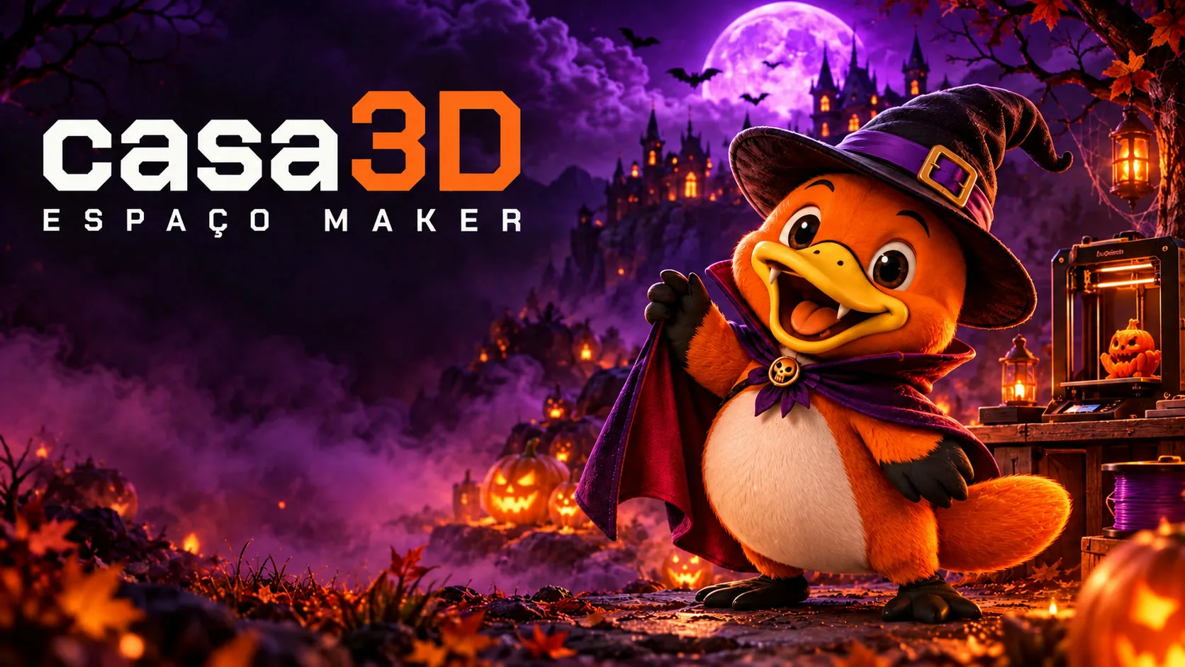 Logo Casa 3D e Berigudigo fantasiado de bruxo em cenário violeta de Halloween