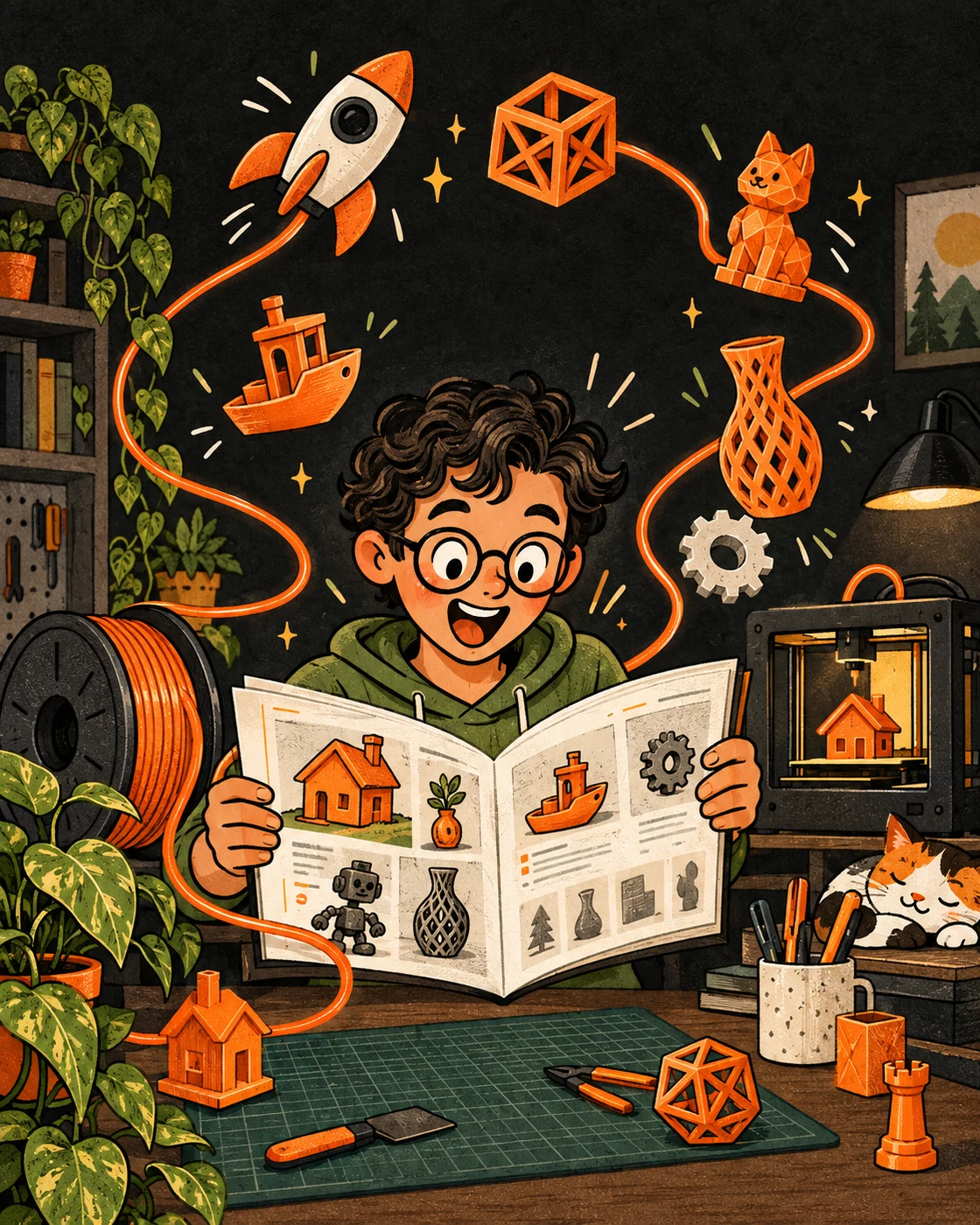 Ilustração de uma pessoa explorando um portfólio de criações em impressão 3D