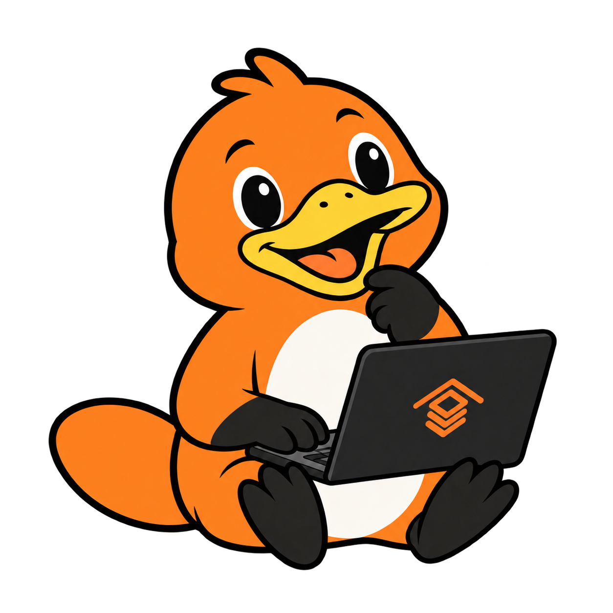 Ornito, mascote da Casa 3D, pesquisando no notebook