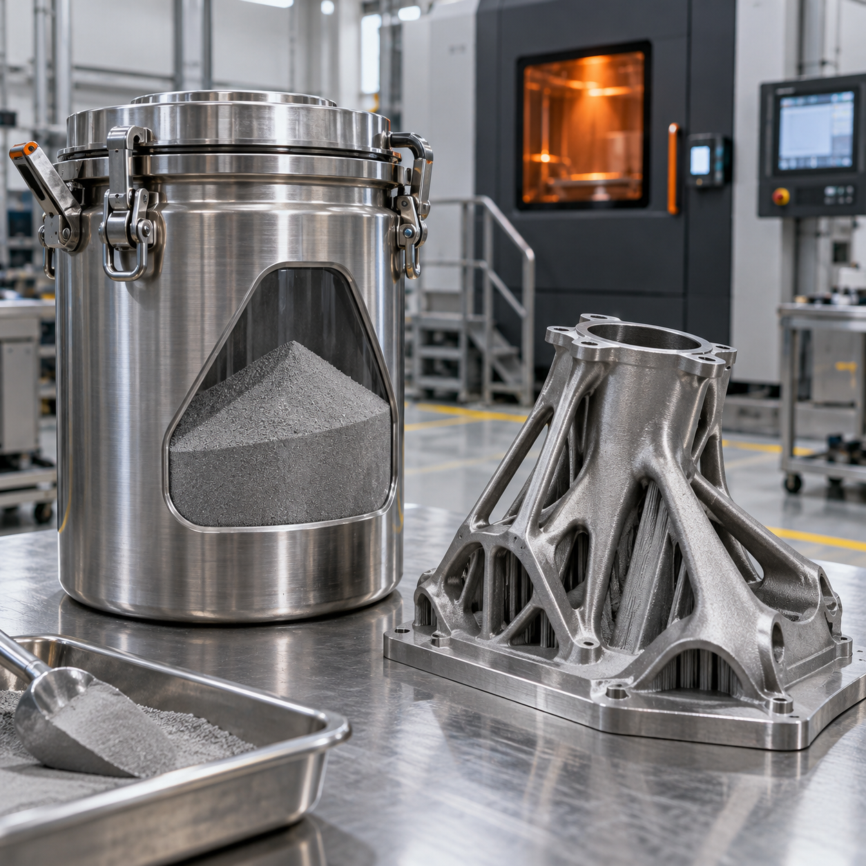 Imagem ilustrativa de pó metálico e peça produzida por manufatura aditiva em ambiente industrial