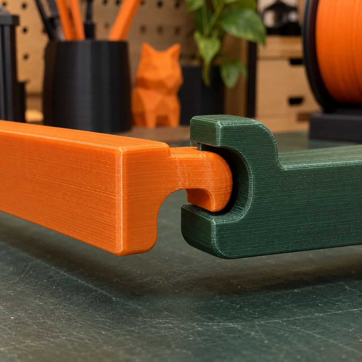 Imagem ilustrativa de duas peças de PLA impressas em 3D com encaixe curvo em formato C