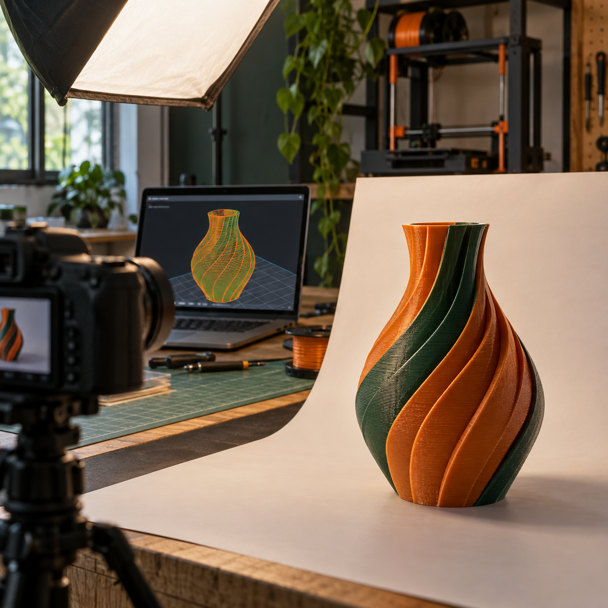 Imagem ilustrativa de vaso impresso em 3D fotografado ao lado da prévia de trajetórias de impressão no computador