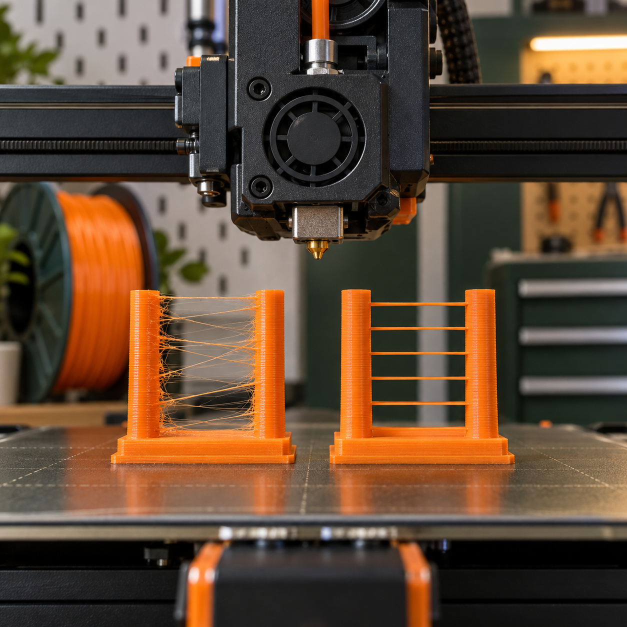 Duas torres de calibração impressas em 3D, uma com fios finos entre as peças e outra limpa