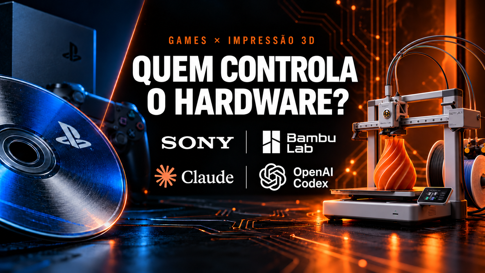 Thumb editorial com disco de videogame, impressora Bambu Lab A1 Combo e referências visuais a Sony, Bambu Lab, Claude e Codex