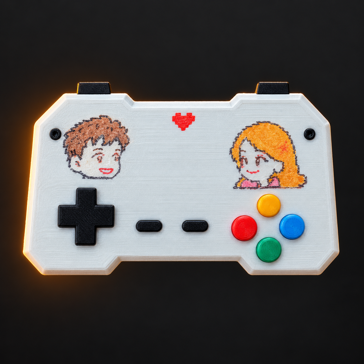 Controle de videogame maker impresso em 3D, com direcional e botões coloridos