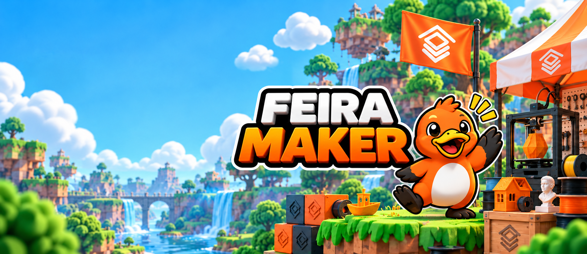 Logo permanente Feira Maker com Berigudigo, ilhas flutuantes e impressora 3D